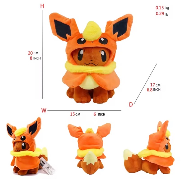Pokemon Eevee Plush with Flareon Costume Hoodie – 20cm Collectible Toy, Cute - Picture 3 of 4